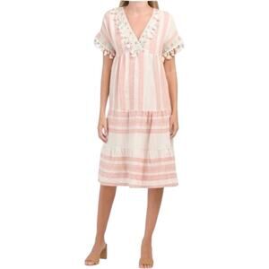 Civico 51 Women's Pompom Striped Tiered A-Line Mini Dress Blush White Medium NWT